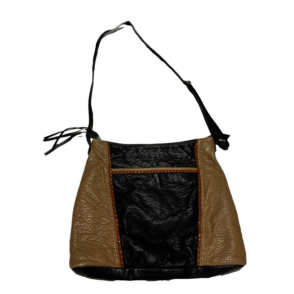 MARC FISHER-Dark Brown/Tan-Pebbled Leather-adj. crossbody strap boho 80’s Purse - Picture 1 of 8